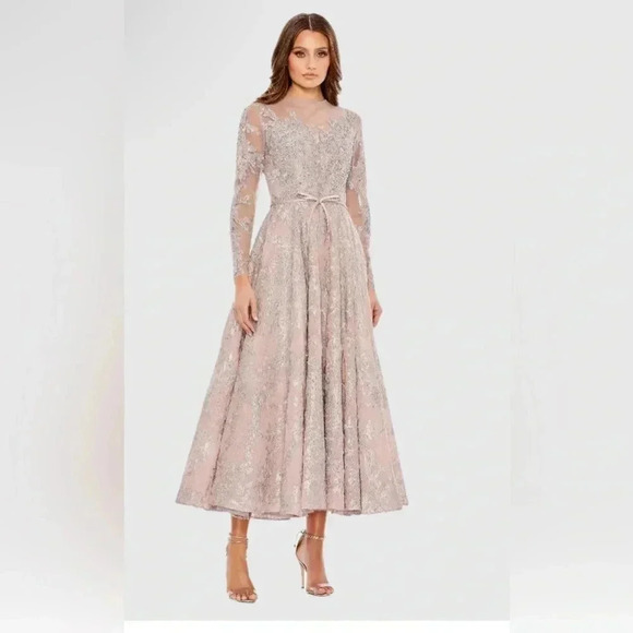 MAC DUGGAL Embellished Bow Belt Illusion Long Sleeve A Line Dress Style 20337 - Picture 1 of 7